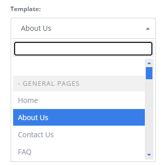 Dropdown menu interface for selecting a page template within a content management system. 'About Us' is highlighted as the selected template from a list that also includes 'Home,' 'Contact Us,' and 'FAQ' under the category 'GENERAL PAGES'.