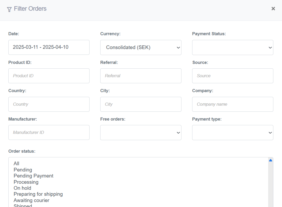 Screenshot of the "Filter Orders" modal in ReadyCMS Reports. The filter options include Date range, Currency (set to Consolidated SEK), Payment Status, Product ID, Referral, Source, Country, City, Company, Manufacturer, Free orders, Payment type, and a multi-select Order status field with options like Pending, Processing, Shipped, and Completed.