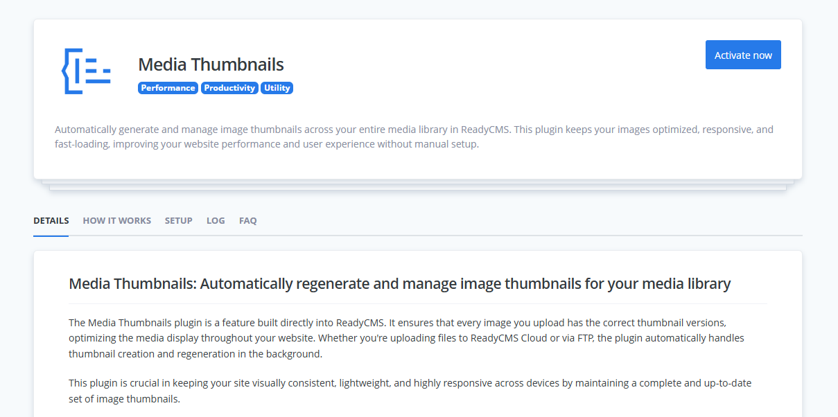 Media Thumbnails plugin page in ReadyCMS showing activation button, plugin description, and detailed overview tab with information about automatic thumbnail regeneration.