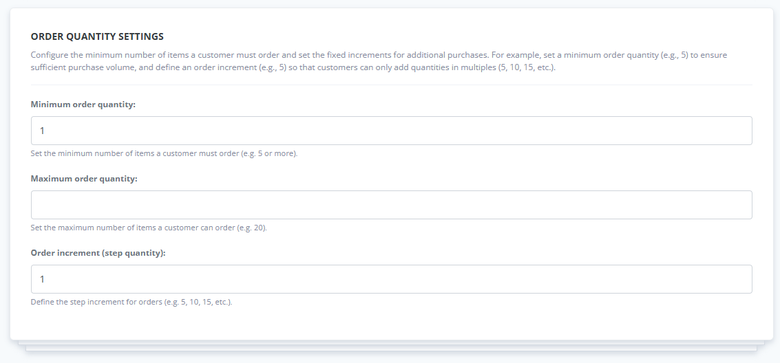 Order quantity settings interface in ReadyCMS with input fields for minimum order quantity, maximum order quantity, and order increment step.