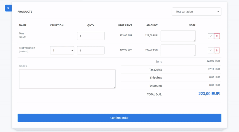GIF showing Cart Item Notes in action within ReadyCMS. Demonstrates how administrators can enter and update per-item notes during order creation, helping streamline B2B and bulk order workflows.