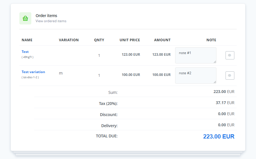 Example of Cart Item Notes in the ReadyCMS Order View. Administrators can review and edit per-product notes alongside item details like variation, quantity, and price, improving fulfillment accuracy.