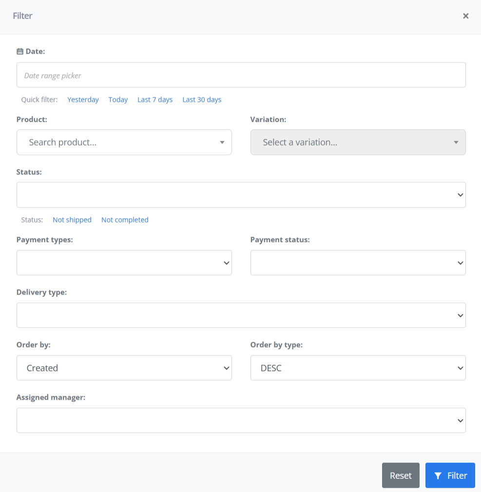 Filter interface for searching orders in ReadyCMS, with fields for date range, product and variation selection, status, payment types, delivery type, sorting options, and assigned manager. Quick filters include Yesterday, Today, Last 7 days, and Last 30 days.