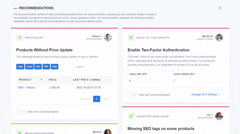 Animated dashboard in ReadyCMS showing smart recommendations like stale product pricing, missing two-factor authentication, and SEO updates. Cards display virtual assistant names, insights, and export or manage action buttons.