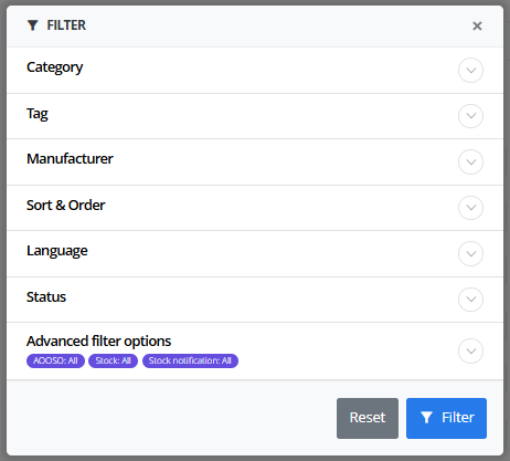 A filter panel in ReadyCMS displaying collapsible filter options for category, tag, manufacturer, sorting, language, and status. Advanced filter options are also shown, with tags for various conditions. At the bottom, there are 