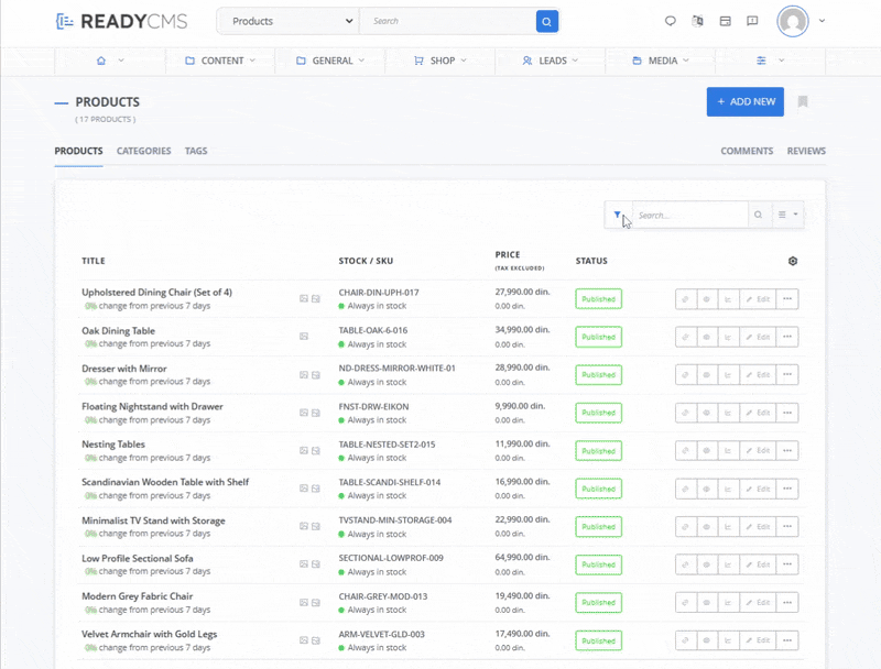 An animated GIF showing a user interacting with the product list in ReadyCMS. The user clicks the filter icon, applies multiple filter conditions, and the list updates accordingly. The interface includes product titles, stock codes, prices, and status labels.