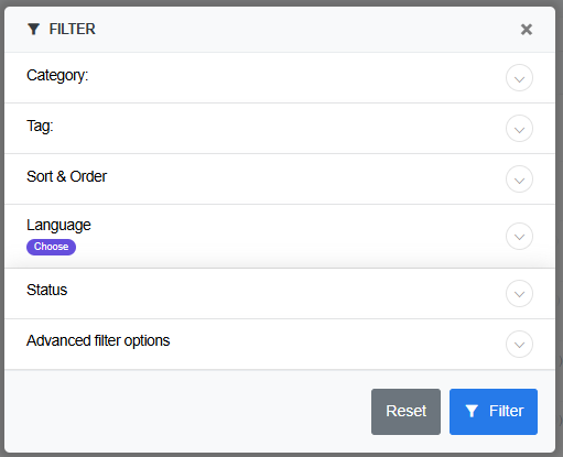 ReadyCMS filter panel for Manuals (Help documentation), showing fields for Category, Tag, Sort & Order, Language, Status, and Advanced filter options, with Reset and Filter buttons at the bottom.