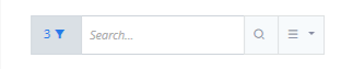 A compact filter bar in ReadyCMS showing the number of active filters with a blue filter icon, followed by a search field, search icon, and additional layout and sorting controls.