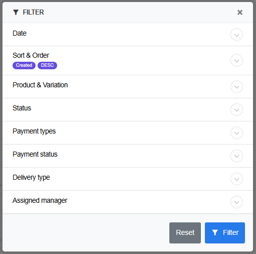 ReadyCMS filter panel on the Orders page, showing fields for Date, Sort & Order, Product & Variation, Status, Payment types, Payment status, Delivery type, and Assigned manager, with Reset and Filter buttons at the bottom.