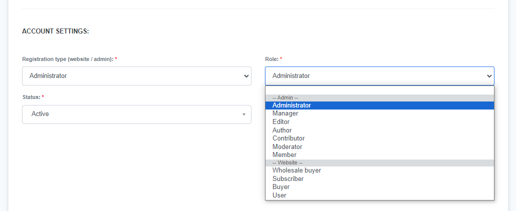 ReadyCMS user account settings where you can choose a role from a dropdown menu.