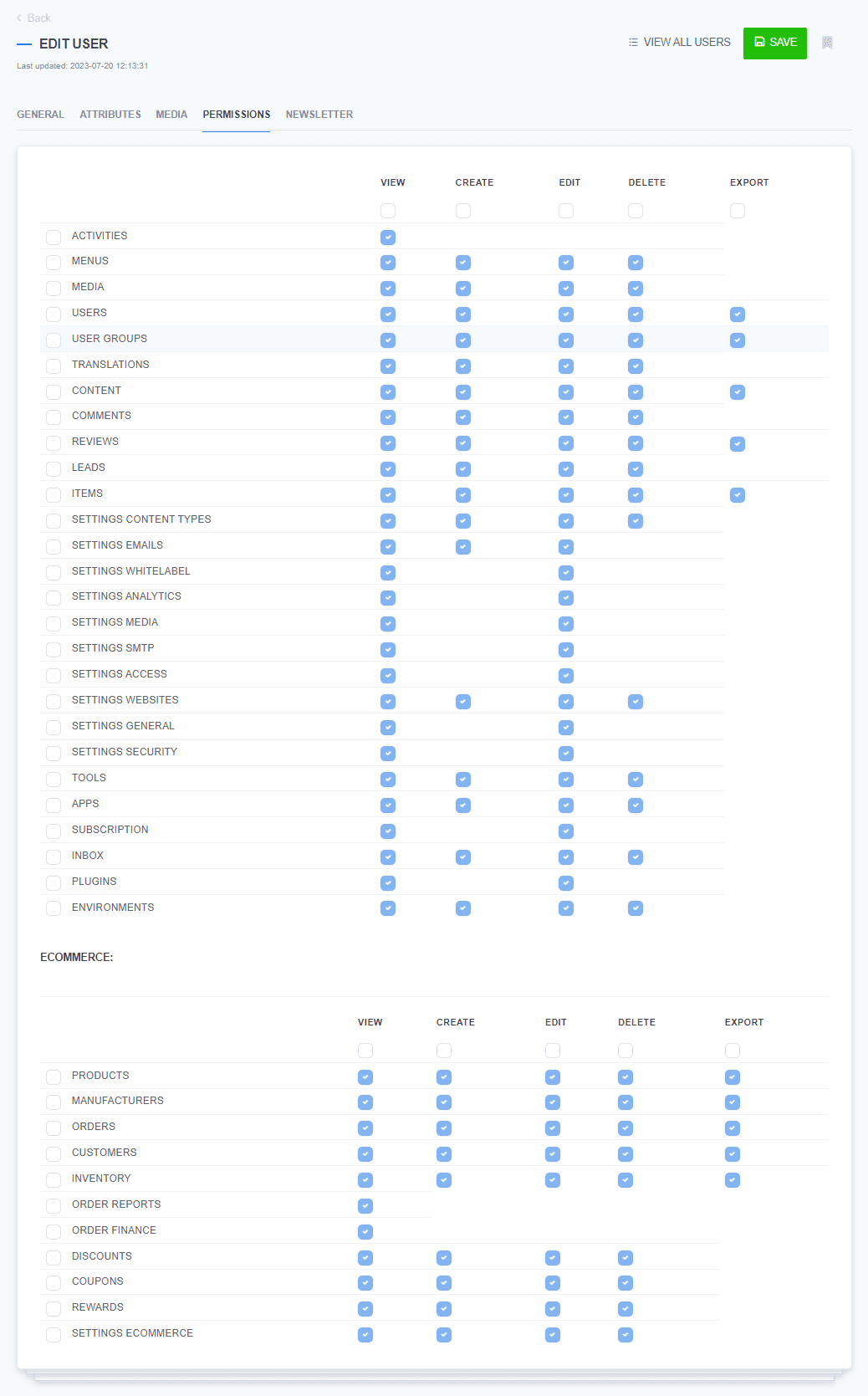 ReadyCMS list of permissions for a user account.