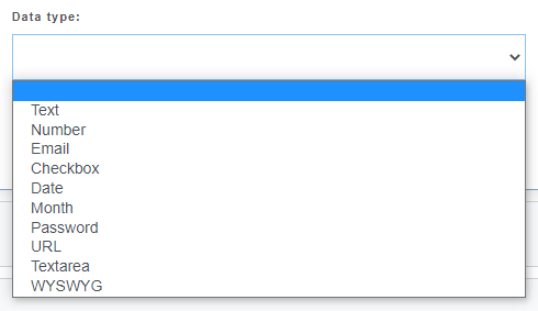 ReadyCMS additional field data type list in a dropdown menu.