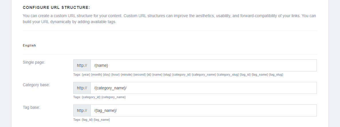 ReadyCMS create and configure URL structure for your content types.