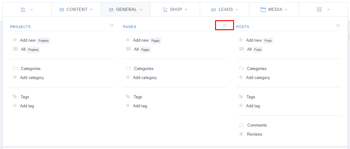 ReadyCMS Content types menu with cogwheel button for editing content types.