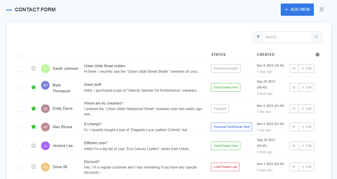 Contact form interface displaying a list of customer inquiries with names, subjects, statuses, and creation dates. Each inquiry includes a status label such as 'New/Uncontacted,' 'Won/Closed-Won,' 'Engaged,' 'Proposal Sent/Quote Sent,' and 'Lost/Closed-Lost.' The list features options to edit each inquiry and includes search and filter functionalities.