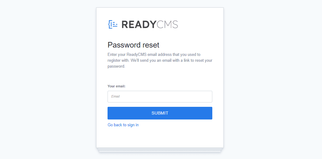 ReadyCMS password reset email prompt.