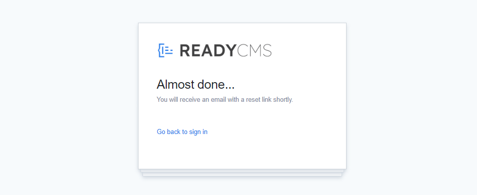 ReadyCMS password reset email sent and awaiting action.