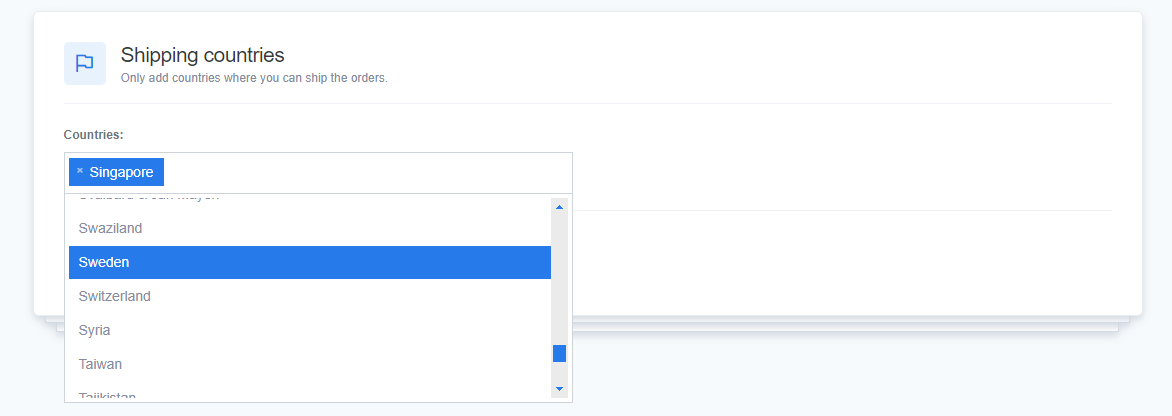 A CMS interface showing the 'Shipping countries' section with an open dropdown menu. 'Singapore' is selected, and the dropdown is displaying additional country options, including 'Sweden,' 'Switzerland,' and others. A green button labeled 'Update country settings' is visible to save changes.