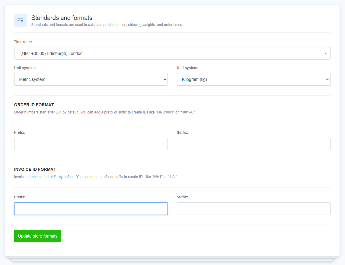 ReadyCMS standards and formats settings page