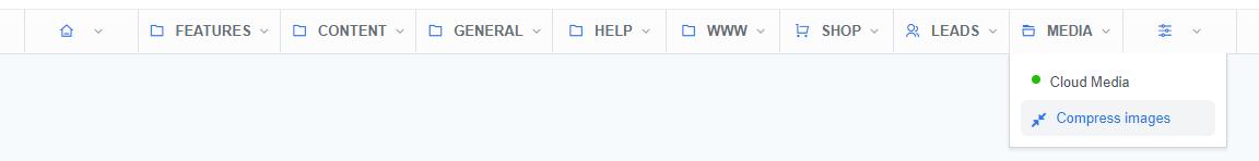 Navigation bar in ReadyCMS displaying various menu options including Features, Content, General, Help, WWW, Shop, Leads, and Media. The 'Media' dropdown is expanded, showing two options: 'Cloud Media' with a green status indicator and a 'Compress images' link with a blue icon.