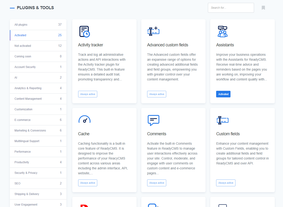 A screenshot of the ReadyCMS interface showing a list of activated plugins. The activated plugins are displayed with their names and status, allowing users to manage and configure the enabled plugins.