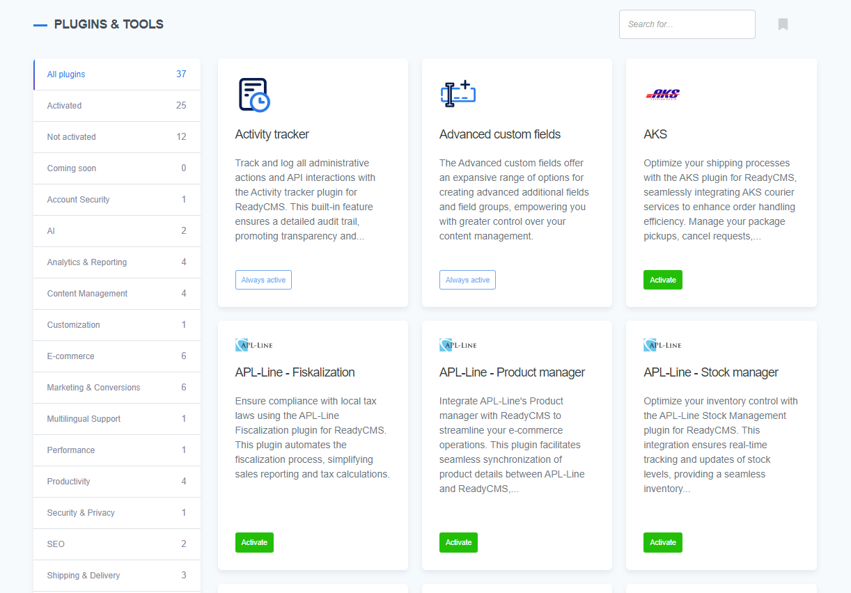 A screenshot of the ReadyCMS interface showing the plugins menu. The menu includes various plugin categories and management options for activating, deactivating, and configuring plugins within the CMS.