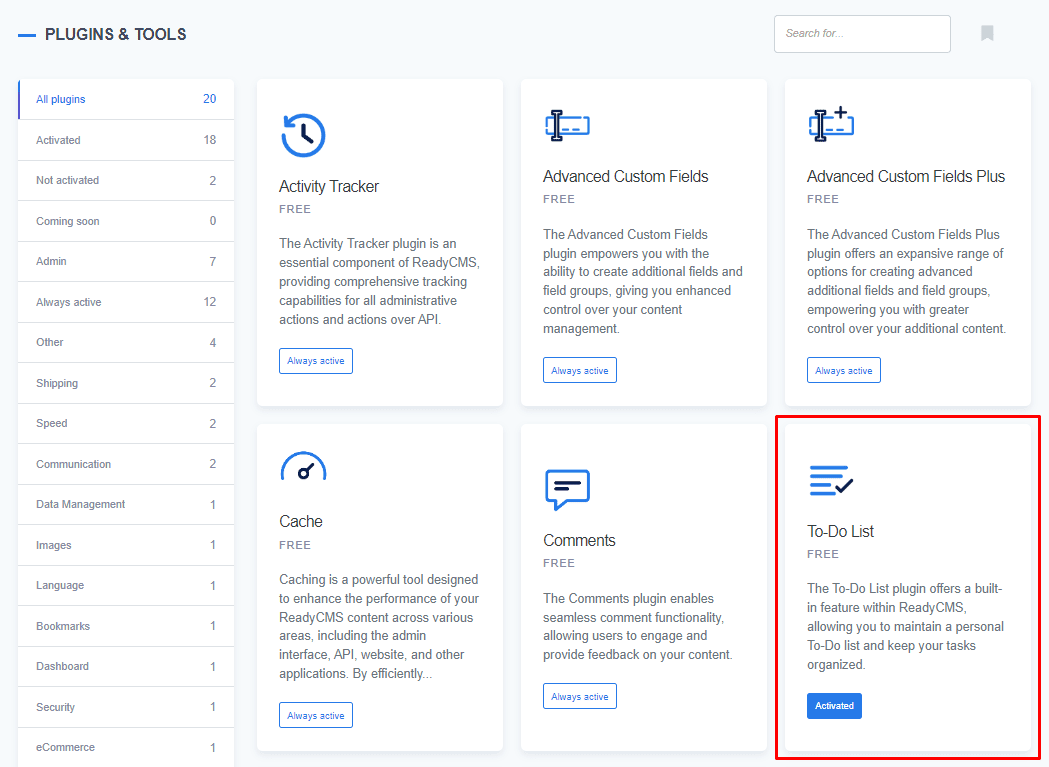 ReadyCMS To-Do list plugin activation.