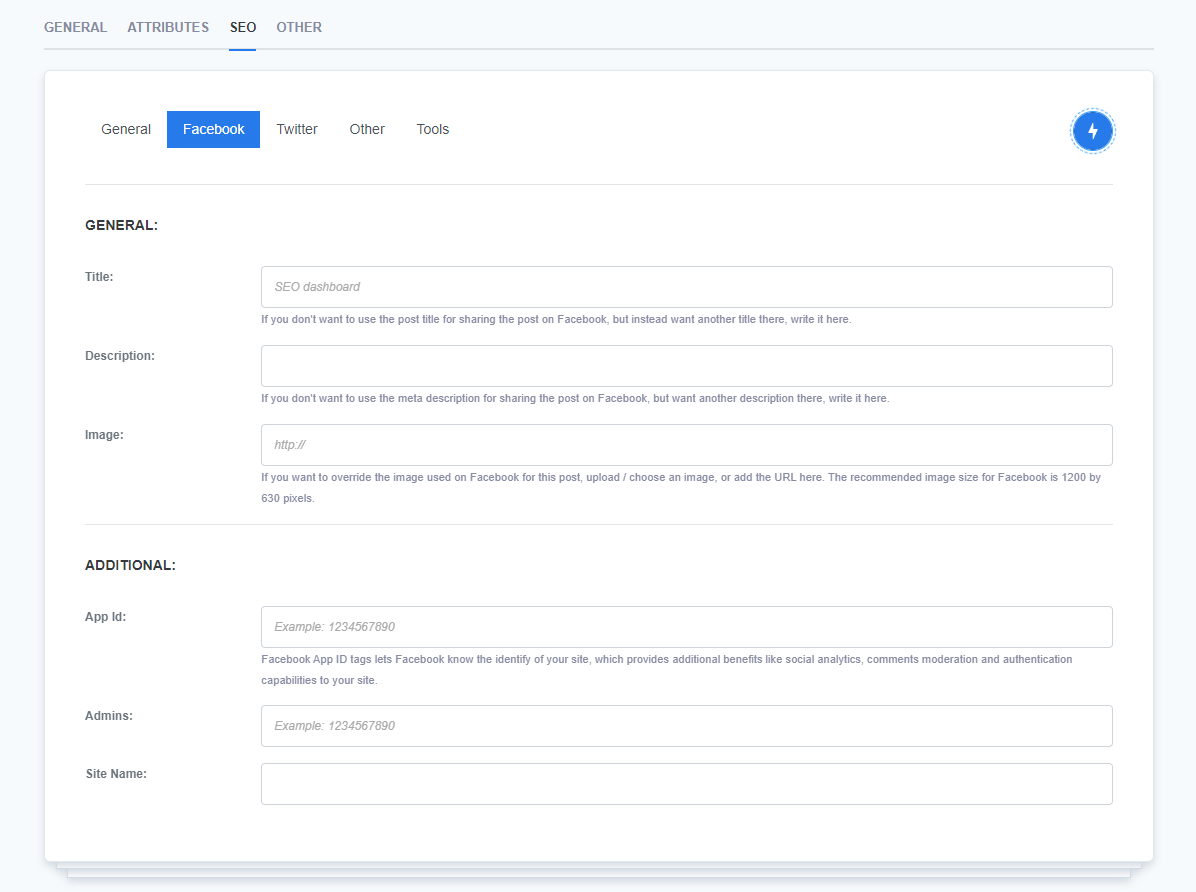 SEO settings widget for Facebook on ReadyCMS. Fields for customizing Facebook share title, description, image URL, and additional options like Facebook App ID, Admins, and Site Name.