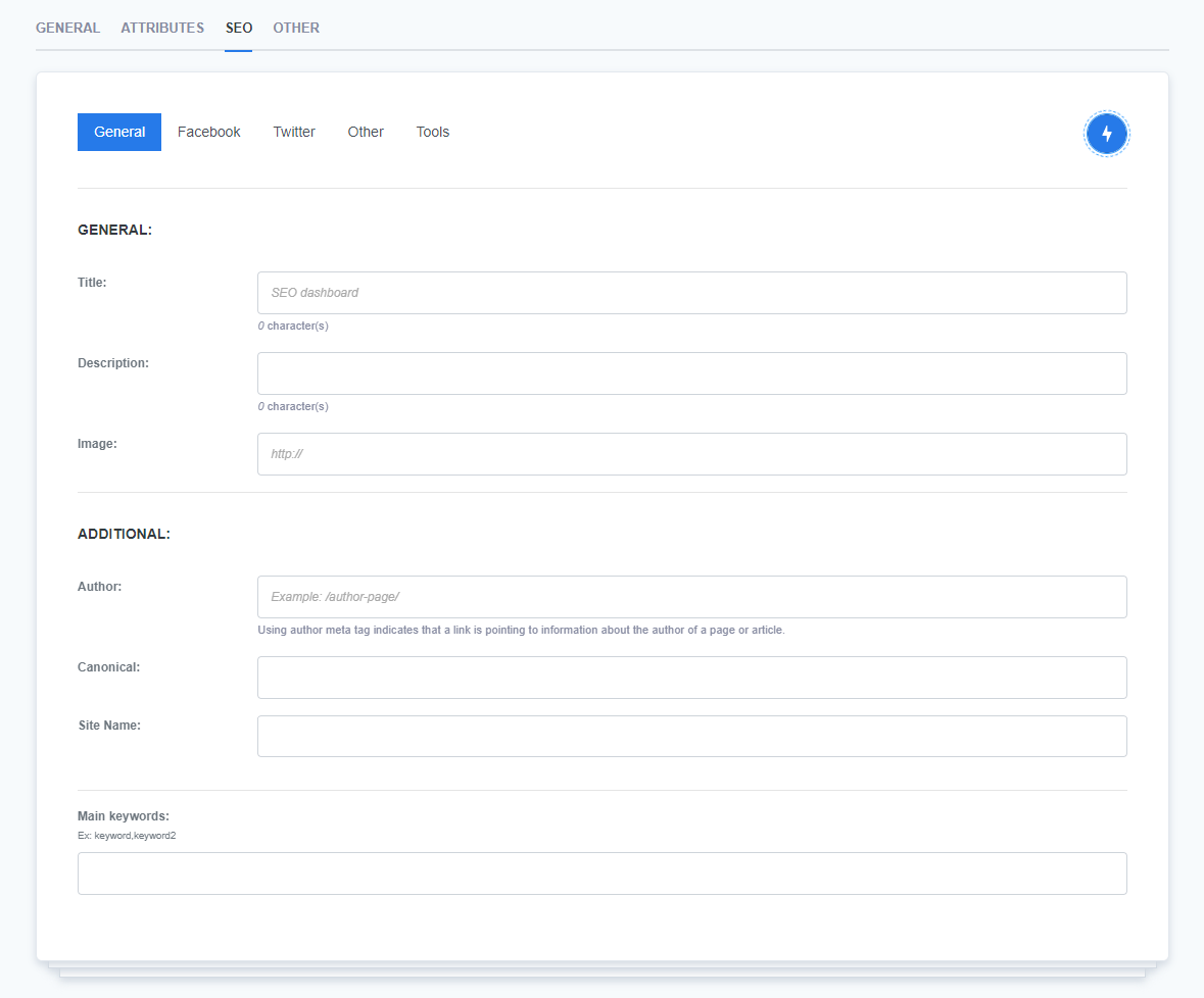 General SEO settings on ReadyCMS with fields for post title, description, and image URL. Additional fields include Author, Canonical URL, Site Name, and Main Keywords.