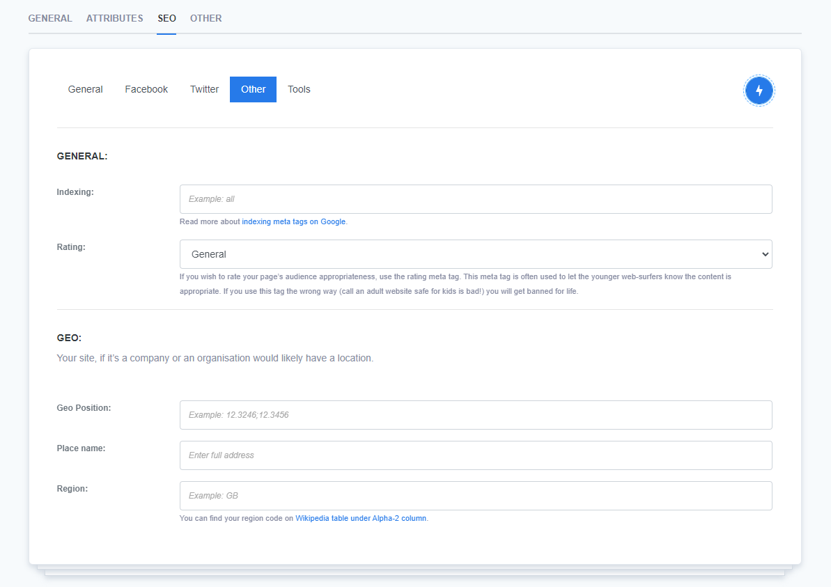 Other SEO settings on ReadyCMS, including fields for indexing, rating, and geographical metadata such as geo-position, place name, and region.