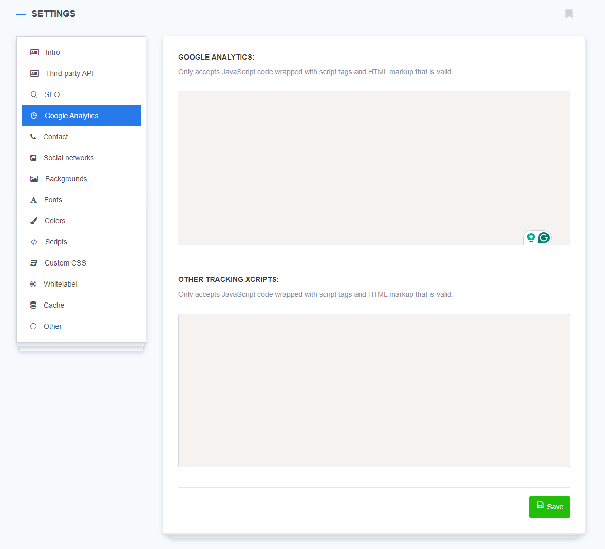 A settings panel displaying input fields for Google Analytics and other tracking scripts. The left sidebar offers navigation to various settings like SEO, Google Analytics, and social networks.