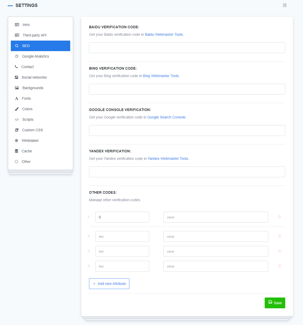 A settings panel showing various SEO-related options, including Baidu, Bing, Google, and Yandex verification codes, with additional fields for other custom codes. The left sidebar includes different sections like SEO, Google Analytics, contact information, and social networks.