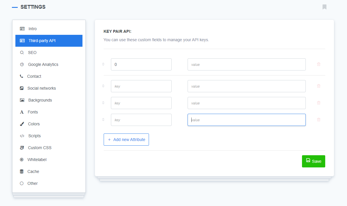 Settings interface for managing API keys, with the 'Third-party API' section selected in the left sidebar. The right panel shows a 'Key Pair API' interface, allowing users to input key-value pairs. Three input rows are visible, each containing fields for a 'key' and 'value,' with an option to add new attributes and save changes. Other settings options such as SEO, Google Analytics, Contact, Social networks, and more are listed in the sidebar.