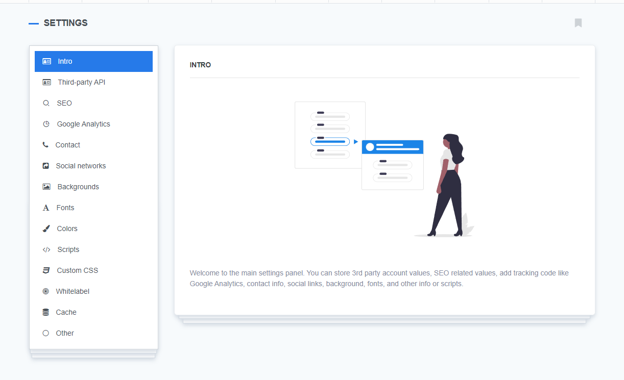 Settings interface showcasing various options in the left sidebar such as Intro, Third-party API, SEO, Google Analytics, Contact, Social networks, Backgrounds, Fonts, Colors, Scripts, Custom CSS, Whitelabel, Cache, and Other. The main panel displays the 'Intro' section with a graphic of a person standing next to a settings menu and a welcome message explaining the purpose of the settings panel for managing third-party account values, SEO, and other site configurations.