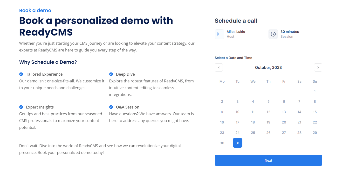 ReadyCMS book a demo page with calendar and other info