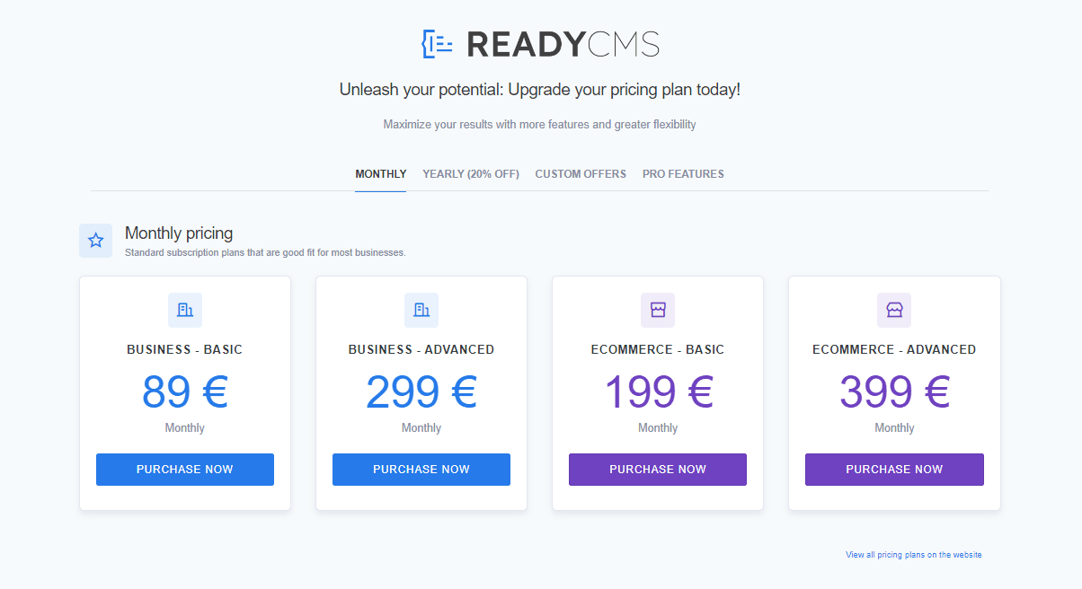 ReadyCMS table of pricing plans