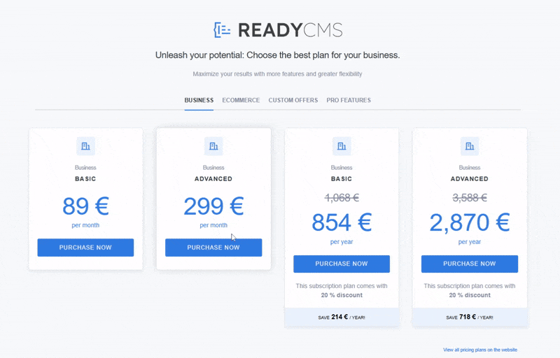 Animated GIF of the ReadyCMS subscription plans page, showing pricing options for Business Basic and Advanced tiers with monthly and yearly purchase buttons. The yearly plans highlight a 20% discount with savings displayed below each option.