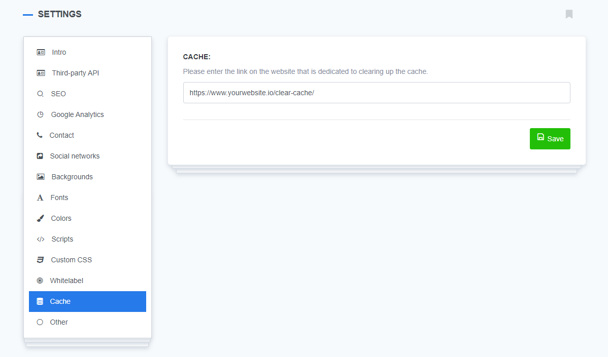 A screenshot of the ReadyCMS interface, displaying the 'Clear Cache' settings tab. This tab allows users to manage caching options and clear cached data to improve performance and ensure the latest content is served on their website.