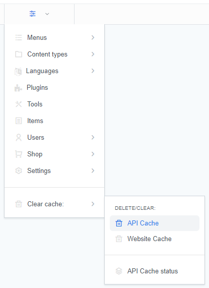 A screenshot of the ReadyCMS interface showing the option to clear the API cache. This functionality allows users to reset the API cache, ensuring that API responses are up to date and not affected by outdated cached data.