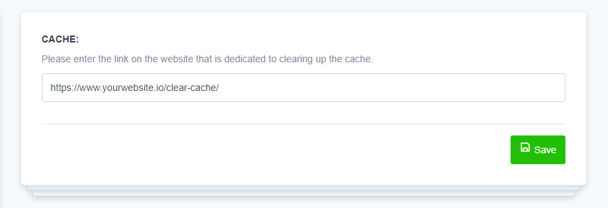 A screenshot of the ReadyCMS interface where users can enter a link to clear the cache for a specific page or resource. This feature allows precise control over which content gets refreshed in the system cache.