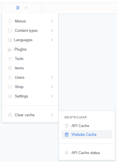 A screenshot of the ReadyCMS interface showing the option to clear the website cache. This feature allows users to clear the entire cache of the website, helping to ensure that the most recent content and updates are visible to all visitors.