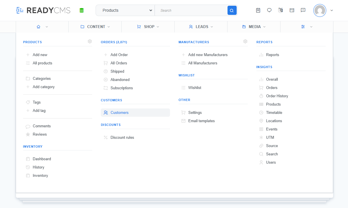 ReadyCMS admin navigation menu expanded under Shop, showing products, orders, customers, discounts, inventory, manufacturers, wishlist, reports, and insights.