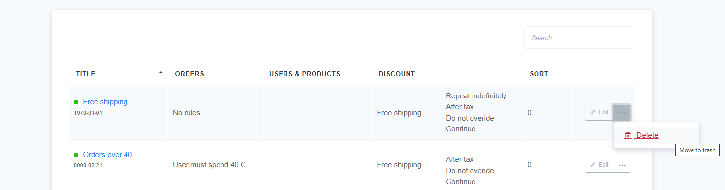 Discount Rules list in ReadyCMS with the delete option expanded. The 'More options' button is clicked, revealing a 'Delete' action to move the selected discount rule to the trash.