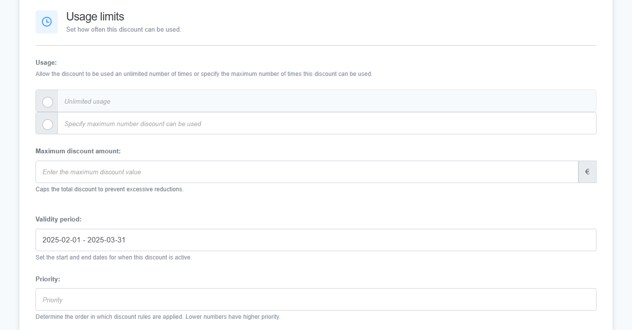 A screenshot of the Usage Limits section in ReadyCMS discount settings. This section allows users to define how often a discount can be used, set a maximum discount amount, specify a validity period, and determine the priority order in which discount rules are applied.