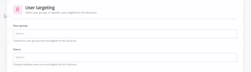 Animated demonstration of the user targeting section in ReadyCMS discount settings. The GIF shows the selection process for user groups and individual users eligible for a discount.