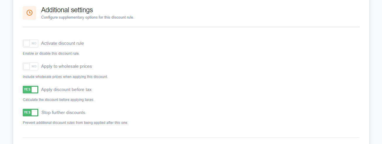 A screenshot of the Additional Settings section in ReadyCMS discount rules. This section includes options to activate the discount rule, apply it to wholesale prices, calculate the discount before tax, and stop further discounts from being applied after this one.