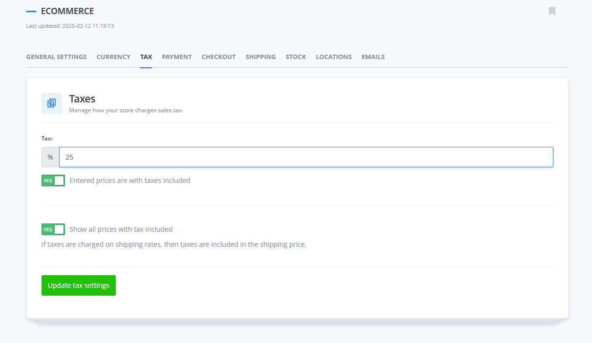 Tax settings page in ReadyCMS showing options to set tax percentage, include tax in entered prices, display all prices with tax, and apply tax to shipping rates.