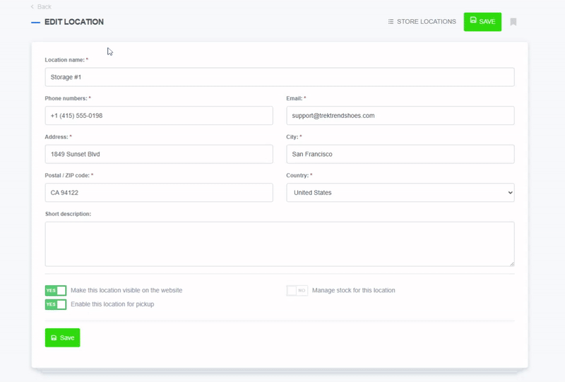 Animated GIF of the Edit Location screen in ReadyCMS, where the user edits a store location's details including name, address, contact info, and toggles visibility and pickup options. The "Manage stock for this location" switch is shown as disabled.