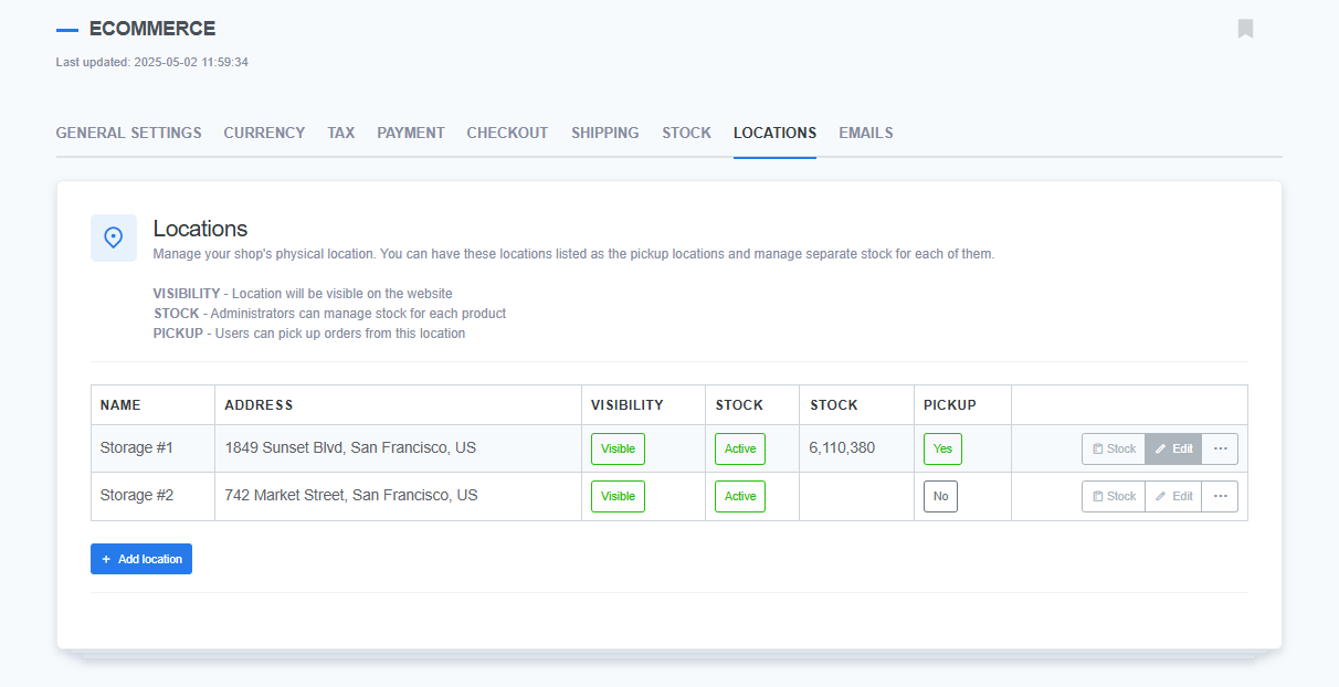 Screenshot of the ReadyCMS Ecommerce Locations tab, showing a list of store locations with details such as address, visibility status, stock status, stock quantity, and pickup availability.