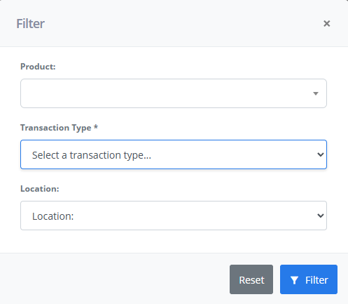 Filter modal in the Inventory History tab of ReadyCMS with dropdowns for selecting product, transaction type, and location, along with Reset and Filter buttons.